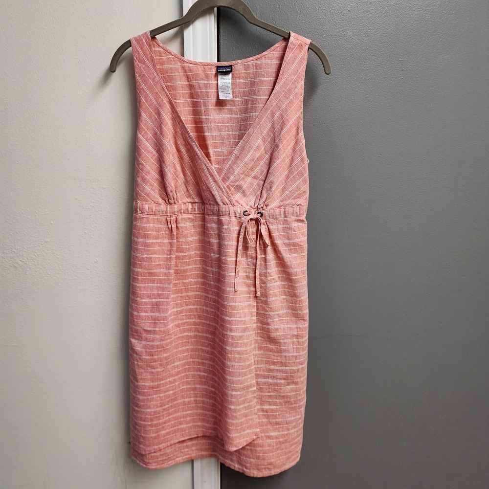 Patagonia Island Hemp Crossover Dress Size 8 Chambray Stripe: Catalan Coral